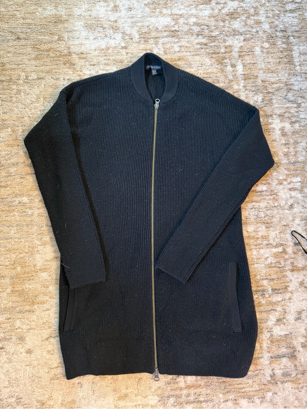 Eileen Fisher Knit Black Rib-Knit Full Zip Pockets Cardigan XS 100% Merino Wool